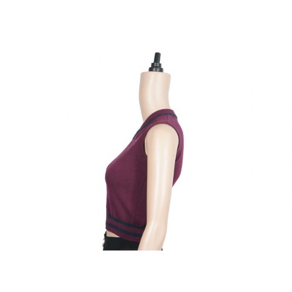 Purple Color Sleeveless Vest School Uniform Sweaters Striped Hem 12 Gauge