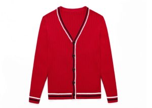 Red Striped Long Sleeve Kids Knit Sweater Button Cardigan With Embroidery