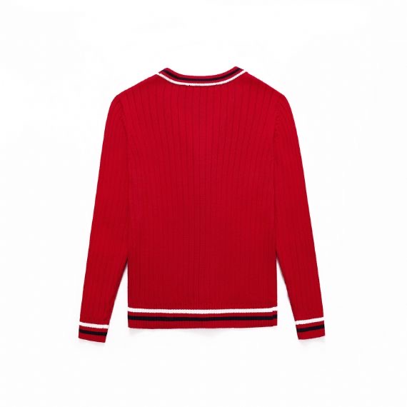 Red Striped Long Sleeve Kids Knit Sweater Button Cardigan With Embroidery
