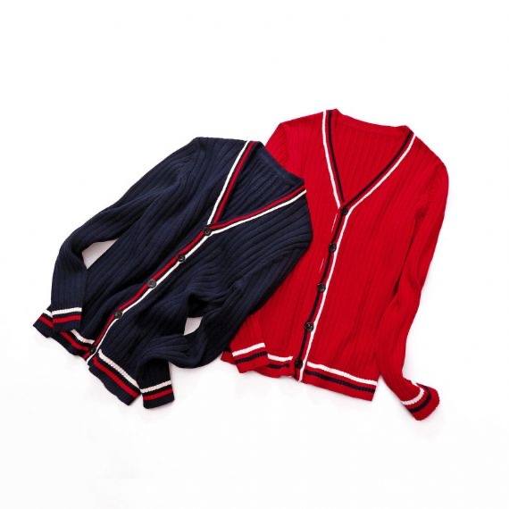 Red Striped Long Sleeve Kids Knit Sweater Button Cardigan With Embroidery