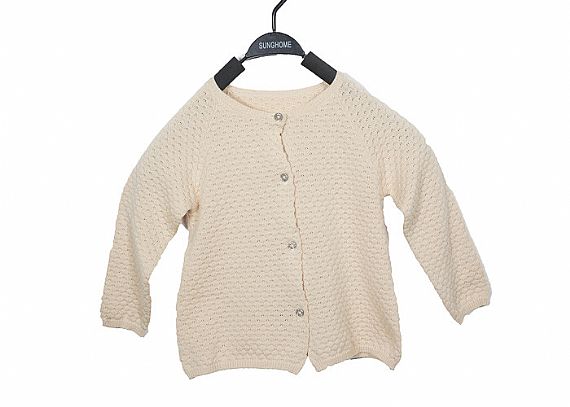 Autumn White Round Neck Kids Cardigan Sweater With Button For Girls In 12 Gauge