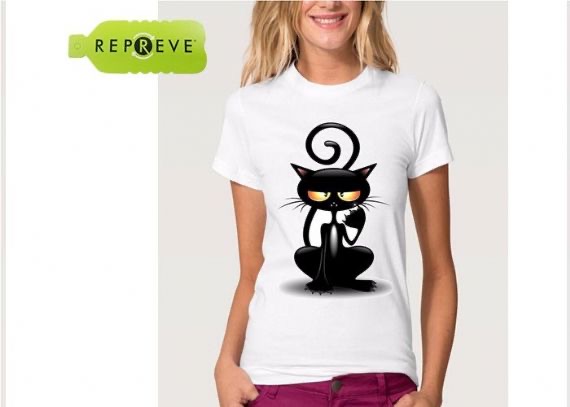 Camiseta sostenible blanca con estampado de gato de algodón y poliéster