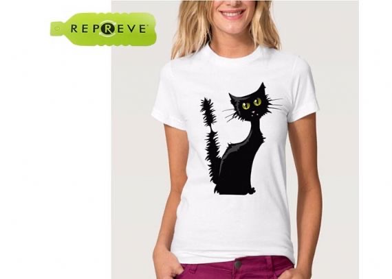 Camiseta sostenible blanca con estampado de gato de algodón y poliéster