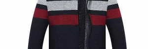 Plus Velvet Padded Zipper Stripe Mens Stand Collar Cardigan