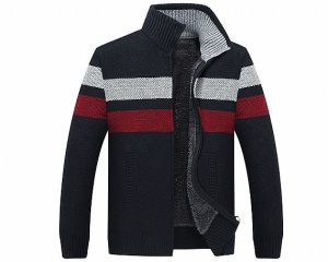 Plus Velvet Padded Zipper Stripe Mens Stand Collar Cardigan