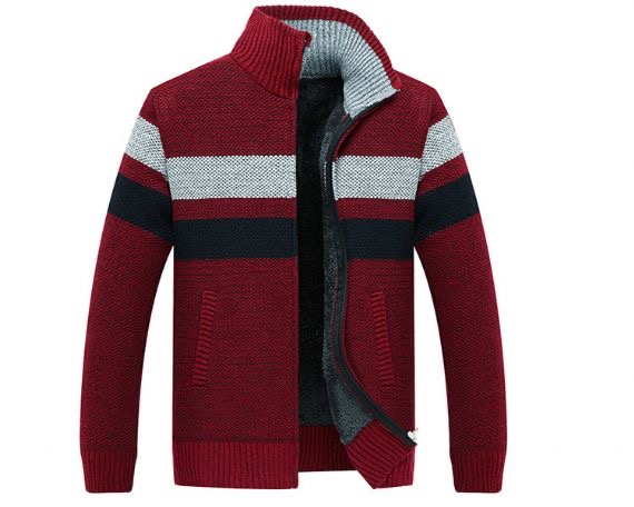 Мужской кардиган с воротником-стойкой Plus Velvet Padded Zipper Stripe