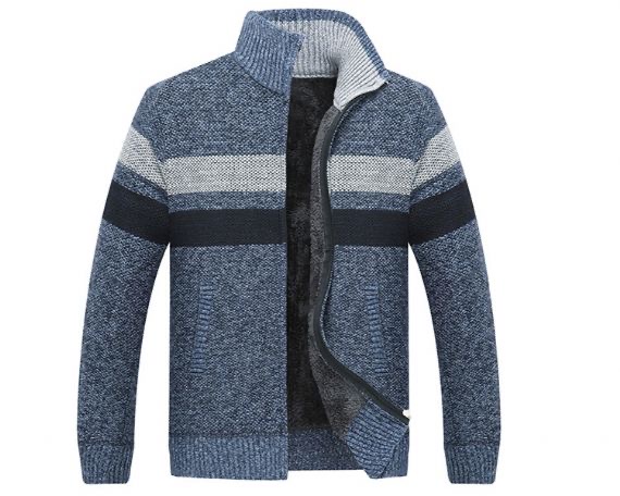 Мужской кардиган с воротником-стойкой Plus Velvet Padded Zipper Stripe