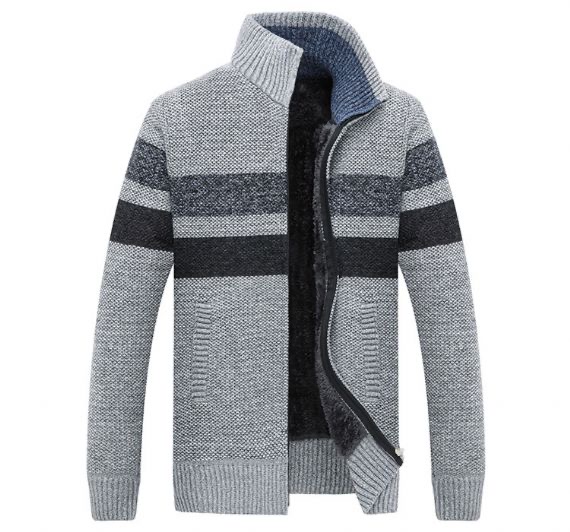 Мужской кардиган с воротником-стойкой Plus Velvet Padded Zipper Stripe