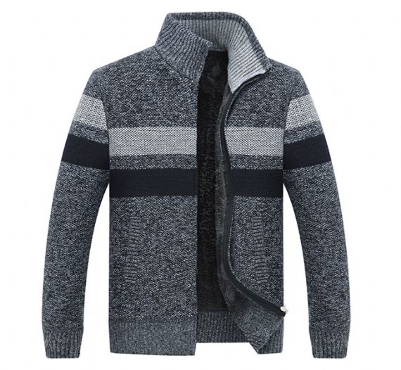 Мужской кардиган с воротником-стойкой Plus Velvet Padded Zipper Stripe