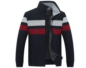 Plus Velvet Padded Zipper Stripe Mens Stand Collar Cardigan
