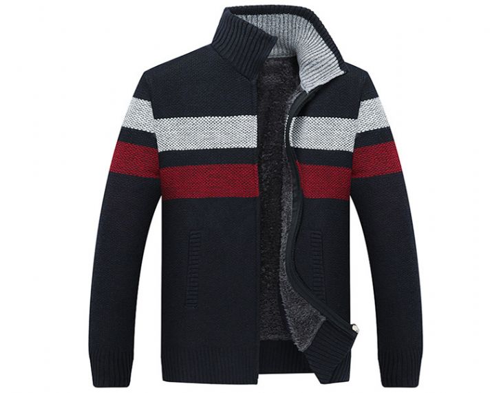 Plus Velvet Padded Zipper Stripe Mens Stand Collar Cardigan