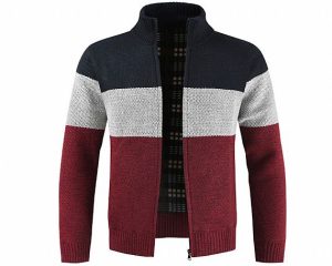 Mandarin Collar Zipper Mens Yarn Dyed Striped Cardigan