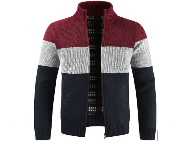 Cárdigan de rayas teñidas de hilo para hombre con cremallera de cuello mandarín