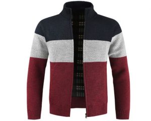 Mandarin Collar Zipper Mens Yarn Dyed Striped Cardigan