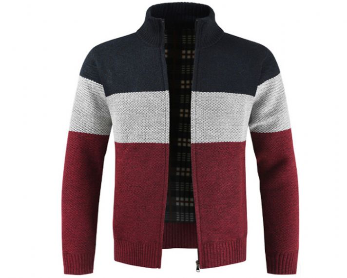Cardigan listrado com gola mandarim com zíper masculino fio tingido